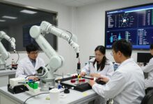 Equipe multidisciplinar trabalhando em um laboratório futurista com robôs industriais, braços mecânicos, sensores e telas de inteligência artificial