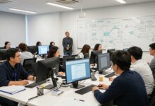 Profissional analisando planos, dados e conexões entre projetos em um ambiente corporativo moderno, representando o desenvolvimento do pensamento estratégico no trabalho
