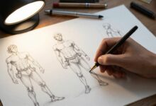 Mesa de estudos com lápis, esboços de personagens, estudos de perspectiva e luz em um ambiente criativo de desenho