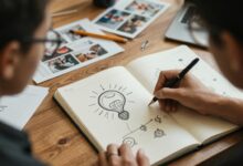 Pessoa criativa organizando ideias em um ambiente iluminado, com caderno, desenhos, referências visuais e elementos que representam inovação e imaginação
