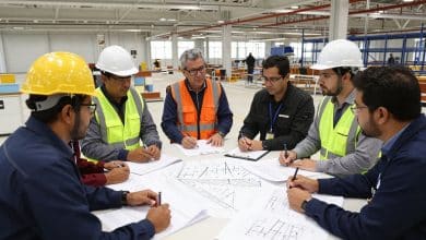 Equipe diversificada de profissionais trabalhando em um canteiro de obras moderno, com engenheira, arquiteto, técnico e operários analisando projetos e tecnologia BIM.