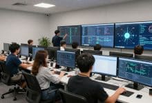 Profissional de tecnologia trabalhando em um ambiente moderno de DevOps, com pipelines de automação, nuvem, containers e monitoramento exibidos em telas.