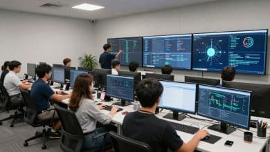 Profissional de tecnologia trabalhando em um ambiente moderno de DevOps, com pipelines de automação, nuvem, containers e monitoramento exibidos em telas.