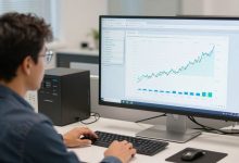 Profissionais de diferentes áreas analisando gráficos, códigos e visualizações de dados em um ambiente moderno de ciência de dados