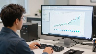 Profissionais de diferentes áreas analisando gráficos, códigos e visualizações de dados em um ambiente moderno de ciência de dados