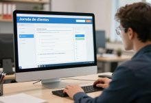Profissional de comércio eletrônico analisando dados de vendas e a jornada de clientes em um painel digital para melhorar a conversão