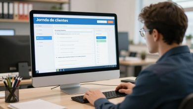 Profissional de comércio eletrônico analisando dados de vendas e a jornada de clientes em um painel digital para melhorar a conversão