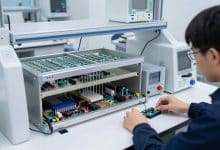 Profissionais trabalhando em um laboratório moderno de eletrônica com placas de circuito, sensores, instrumentos de medição e equipamentos tecnológicos