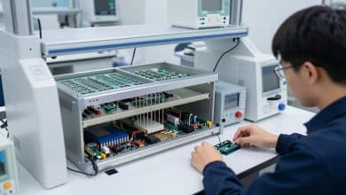 Profissionais trabalhando em um laboratório moderno de eletrônica com placas de circuito, sensores, instrumentos de medição e equipamentos tecnológicos
