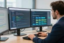 Profissionais em um ambiente corporativo analisando fluxos digitais automatizados em painéis modernos, com elementos visuais de produtividade, integração de sistemas e gestão de tarefas