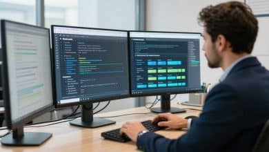 Profissionais em um ambiente corporativo analisando fluxos digitais automatizados em painéis modernos, com elementos visuais de produtividade, integração de sistemas e gestão de tarefas