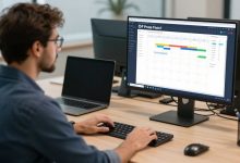 Profissional organizando prioridades e tarefas em um ambiente de trabalho moderno, com calendário, computador e gráficos de produtividade ao fundo