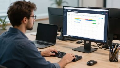 Profissional organizando prioridades e tarefas em um ambiente de trabalho moderno, com calendário, computador e gráficos de produtividade ao fundo