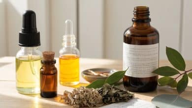 Frascos de óleos essenciais e folhas aromáticas sobre uma mesa clara, compondo uma cena acolhedora de estudo de aromaterapia.