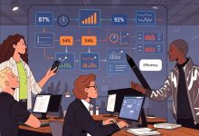Equipe colaborando diante de um fluxograma de processos com etapas conectadas, indicadores de eficiência e ferramentas digitais em um ambiente de trabalho moderno