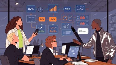 Equipe colaborando diante de um fluxograma de processos com etapas conectadas, indicadores de eficiência e ferramentas digitais em um ambiente de trabalho moderno