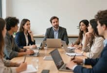 Líder conversando com uma equipe diversa em uma reunião colaborativa, com profissionais participando ativamente e compartilhando ideias em um ambiente de trabalho acolhedor