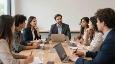 Líder conversando com uma equipe diversa em uma reunião colaborativa, com profissionais participando ativamente e compartilhando ideias em um ambiente de trabalho acolhedor