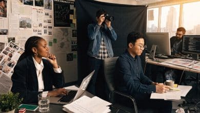 Equipe de profissionais de jornalismo em uma redação, com repórter, editora, fotojornalista e jornalista de dados trabalhando em diferentes formatos de notícia