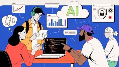Ilustração editorial de profissionais colaborando em um ambiente tecnológico moderno, com telas exibindo código, gráficos de dados, elementos de cibersegurança, nuvem e inteligência artificial.
