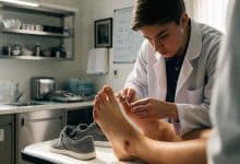 Estudante de podologia examinando cuidadosamente um pé em uma clínica de formação, com instrumentos organizados e ambiente limpo e iluminado